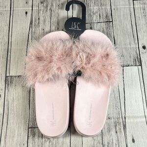 INC International Concept Women's Fur Slippers Slide Open Toe Pink XL 11/12